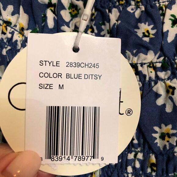 CHENAULT - L Sz M - Blue Floral Smocked Blouse in Blue Ditsey 100% Rayon. NWT! - Picture 10 of 15